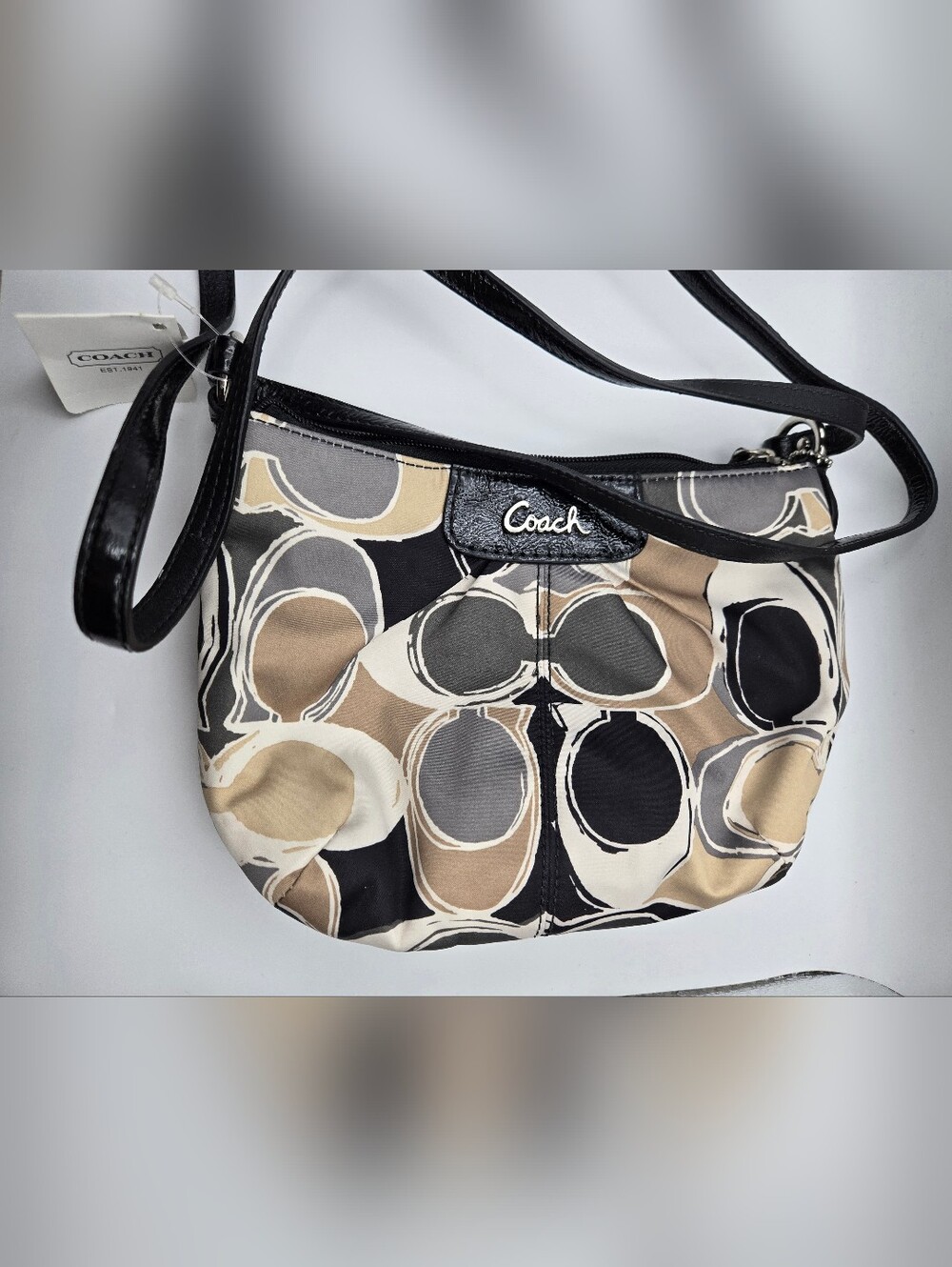 NWT Coach ASH Scarf Multicolor Neutral, Black & Tan Signature Circle C Crossbody - Picture 5 of 13